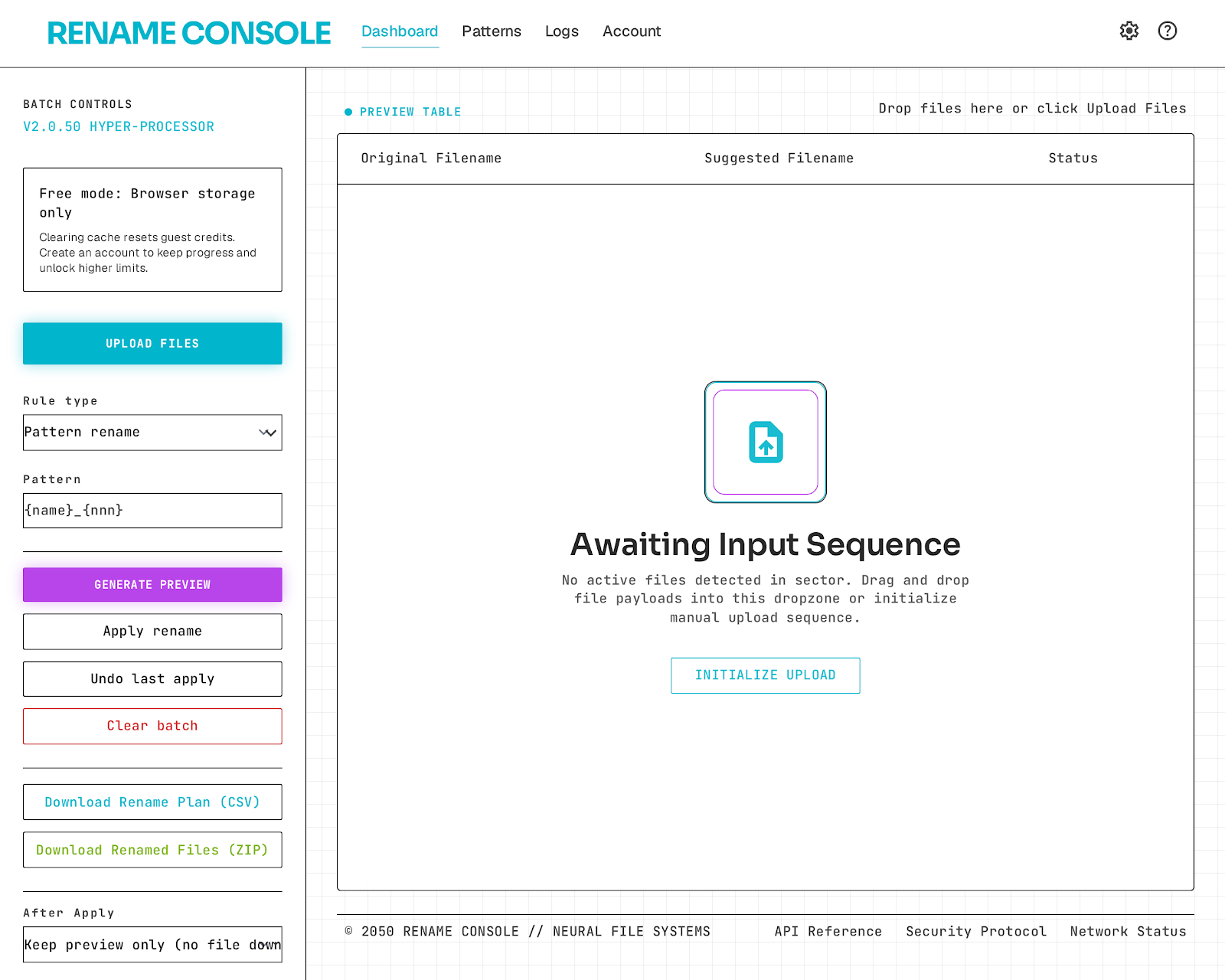 Smart Bulk Renamer dashboard showing pattern rename, find and replace, smart OCR, and local processing tools